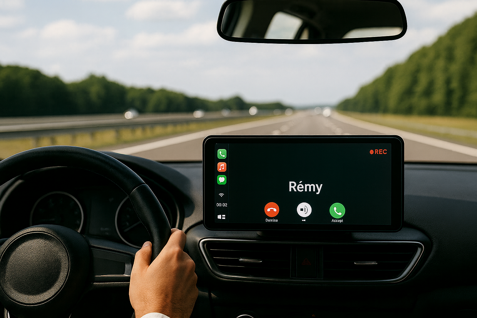 Écran CarPlay sans fil sur tableau de bord, affichant appel entrant pour rester connecté en toute sécurité