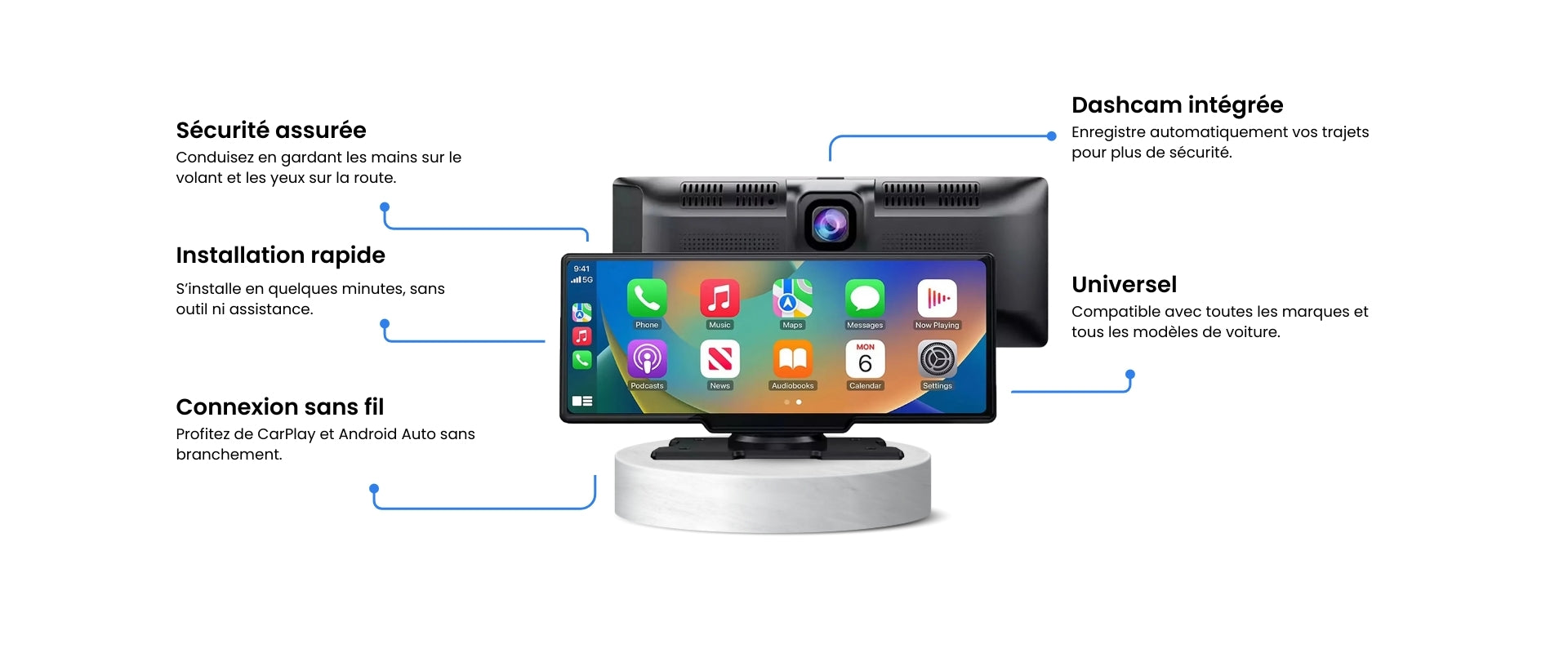 Écran CarPlay universel avec dashcam intégrée, installation rapide et connexion sans fil pour toutes voitures