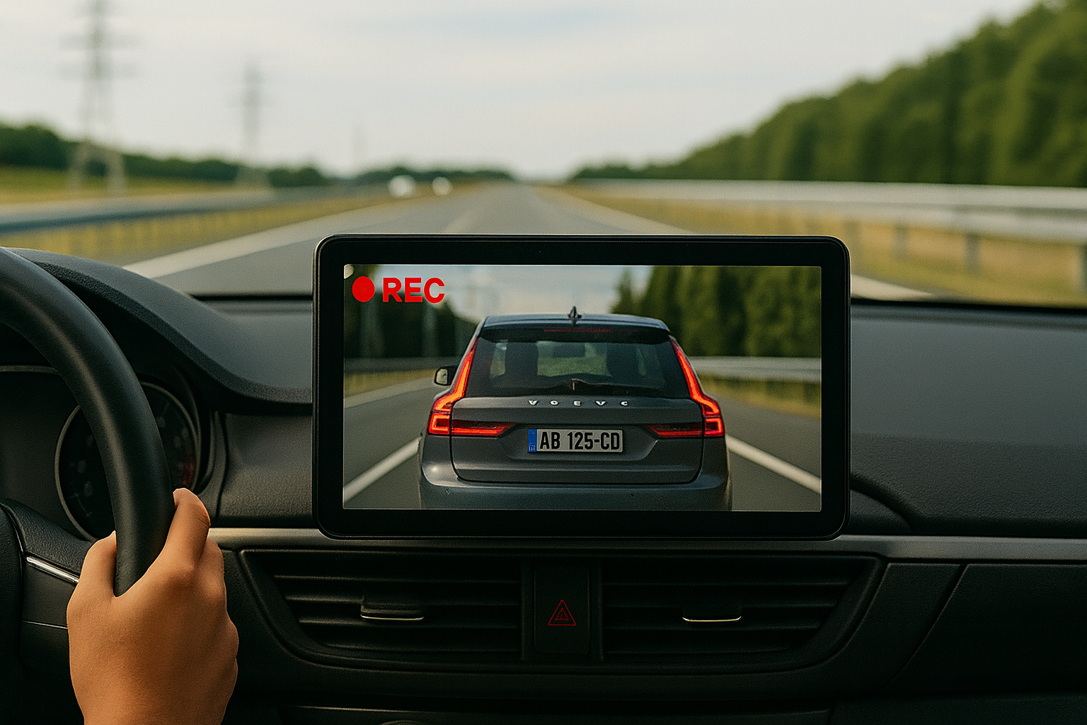 Tableau de bord avec écran CarPlay affichant dashcam en direct, surveillance route pour sécurité renforcée