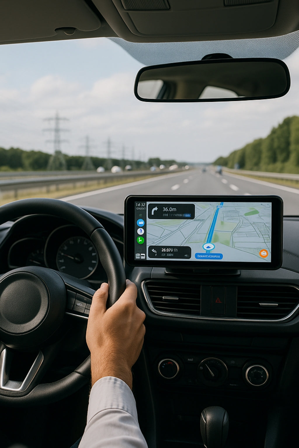Écran CarPlay sans fil installé sur tableau de bord, affichant itinéraire GPS pour conduite fluide et confortable