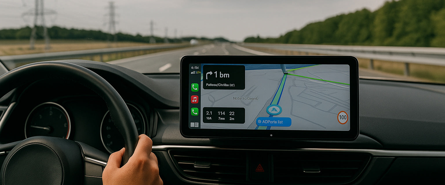 Écran CarPlay sans fil installé sur tableau de bord, affichant itinéraire GPS pour conduite fluide et confortable